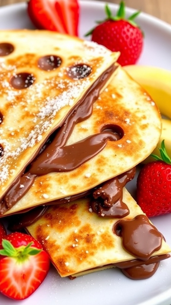 Nutella quesadilla sliced into wedges, dusted with powdered sugar, served with strawberries and bananas.
